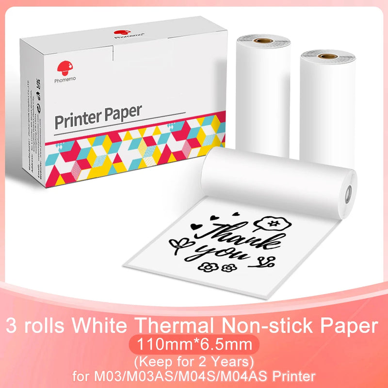 Phomemo M03AS M04S M04AS Adhesive Thermal Paper White Thermal Transparent Sticker Paper Photo Paper for Home Office Note Study