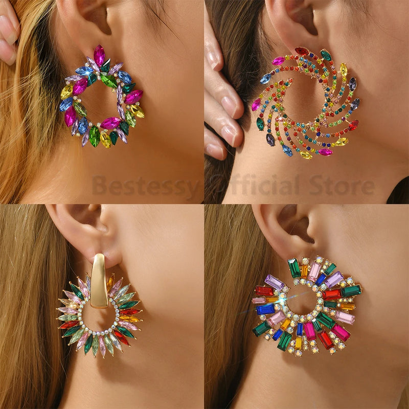 Colorful Series Shiny Rhinestone Big Stud Earrings For Women 2023 Trend Luxury Round Fashion Jewelry Girl Party Accessories Gift