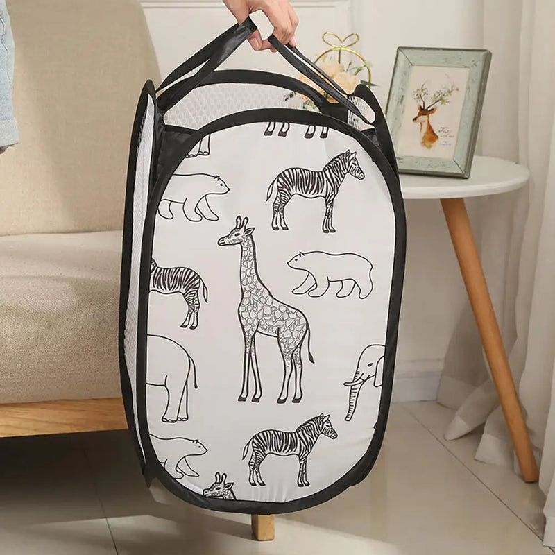 Laundry Basket Large Capacity Cartoon Foldable Multi Holes Hollow Out Store Dirty Clothes Flexible Giraffe Print Home Cleaning