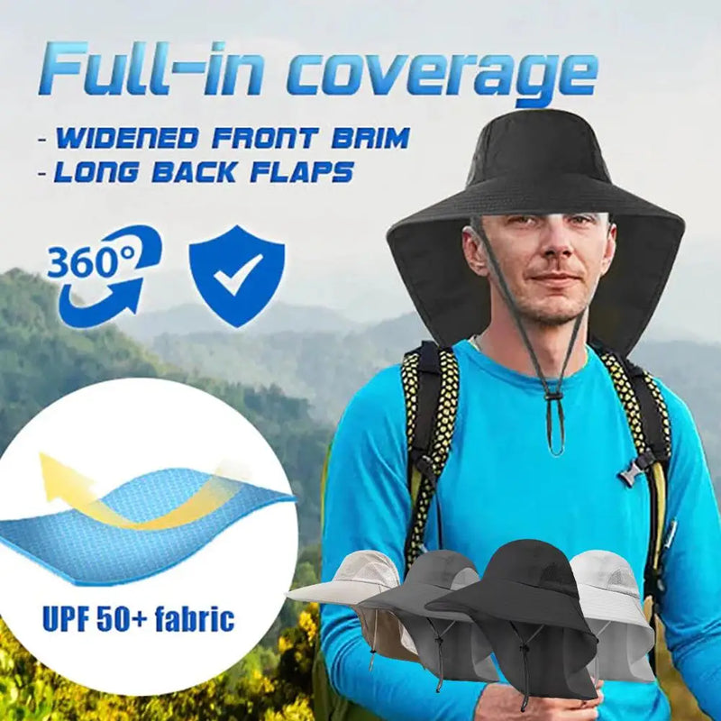 Summer Wide Brim Sun Hat with Neck Flap for Men Women Adjustable Outdoor 50+UPF Protection Safari Cap Hiking Fishing Hat