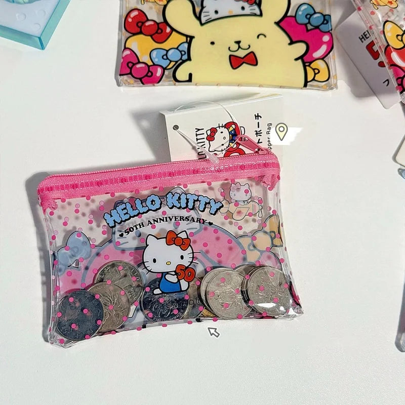 Sanrio 50Th Anniversary Hello Kitty Kuromi Hangyodon Pvc Waterproof Storage Bag Coin Lipstick Wallet Children's Mini Card Bag