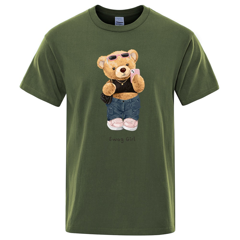 Street Teddy Bear Selfie Swag Girl  Prints Men Tops Fashion Summer T Shirt Mens Short Sleeve Hip Hop Streetwear