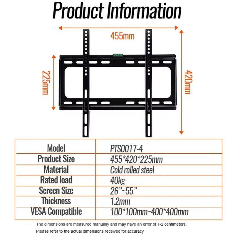 Universal TV Wall Mount Bracket for Most 26-55 Inch LED Plasma TV Mount up to VESA 400x400mm and 110 LBS Loading Capacity