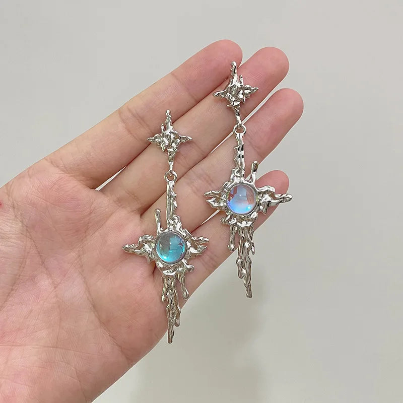 Irregular Liquid Metal Cross Moonstone Dangle Earrings Young Girl Trend Metal Cross Moonstone Drops Earrings Jewelry Wholesale