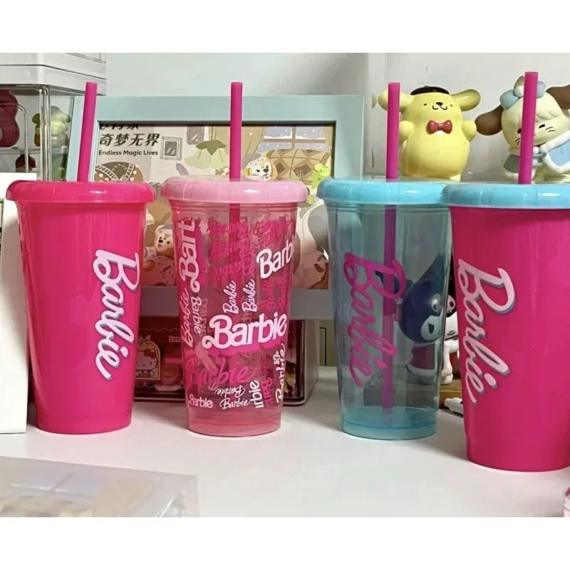 MINISO Barbie Sunshines Series Cute Cartoon Home Party Plastic Straw Cup 520ML 4pcs for House Party Convenient Use Recyclable