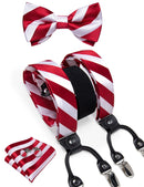 DiBanGu Mens Adjustable Silk Suspenders Bow Tie Cufflinks Pocket Square Set Metal Clips Y back Elastic Braces Wide Strap 3.5CM