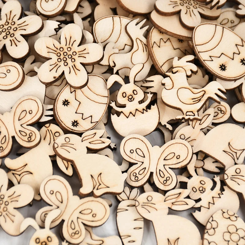 50/100pcs Easter Wooden Crafts Ornament Rabbit Eggs Kids Painting DIY Wood Slice 2025 Spring Easter Party Home Table Decoration