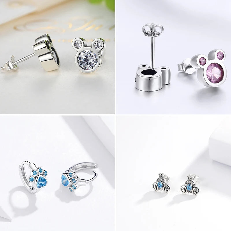 925 Sterling Silver Colorful Zircon Daisy Flower Stud Earrings Cat paw Heart Feather Hoop Earring For Women Party Jewelry Gift