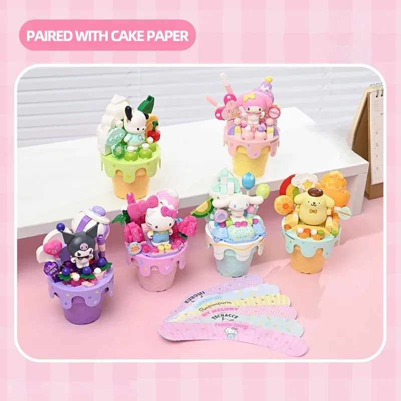 Sanrio Series Ice Cream Cone Building Blocks Hello Kitty Kuromi Pochacco Cinnamoroll Bricks Model Desktop Display Kids Toys Gift