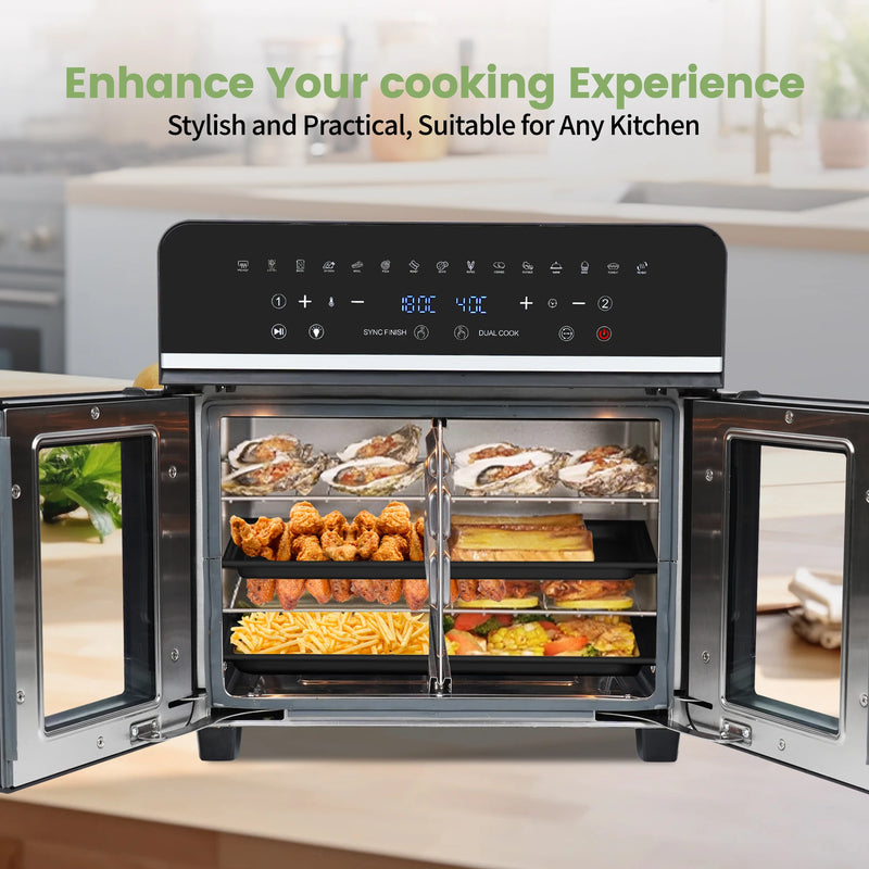 Dual Zone Hot Air Fryer, 23 L Hot Airfryer, XXL Oven 2200 W with LED Touch Screen, 15 Programmes, with Recipe Book
