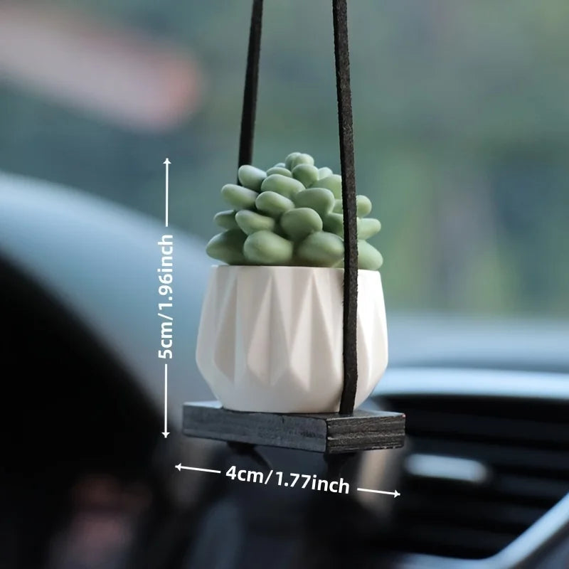 Mini Macrame Plant Hanger Rear View Mirror Car Cactus Charm Decorations Boho Hanging Plant Holder, Tiny Car Succulent Gifts for