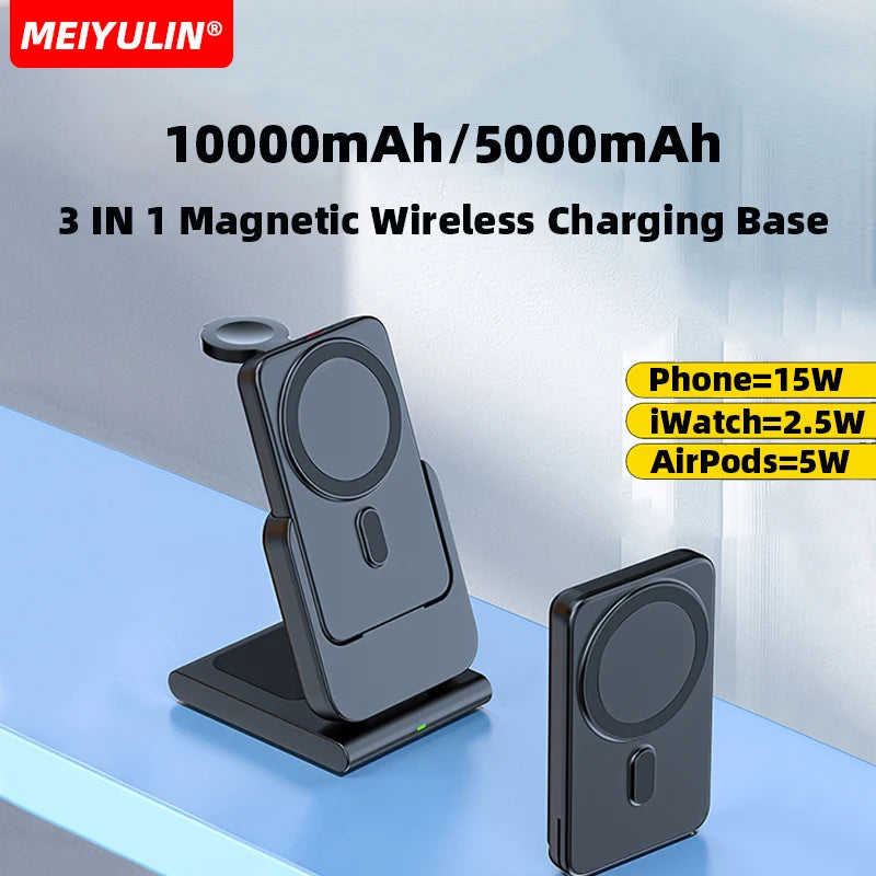 3in1 10000mAh Magnetic Wireless Power Bank Fast Charging Base Stand 5000mAh Portable External Battery for Apple iWatch iPhone 15