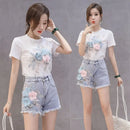 Korean Two Piece Sets Women Clothing Embroidery Short Sleeve White Tshirts High Waist Denim Shorts Outfits Casual Summer Y2k Set