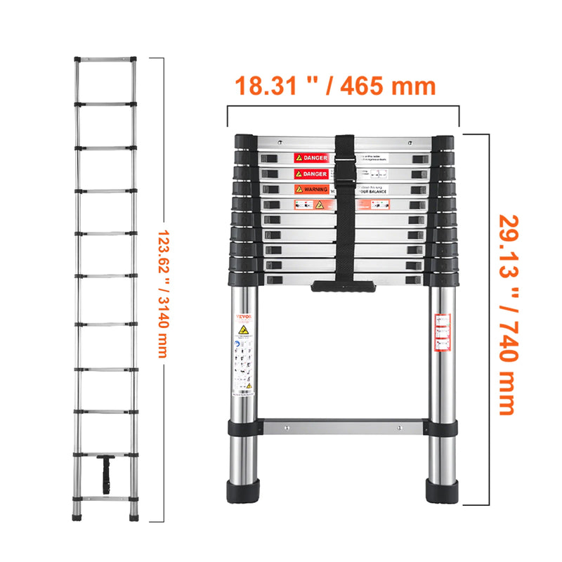 VEVOR Telescoping Ladder Stainless Steel Extension Multi-Button Retraction Collapsible Ladders 375LBS Capacity & Non-Slip Feet