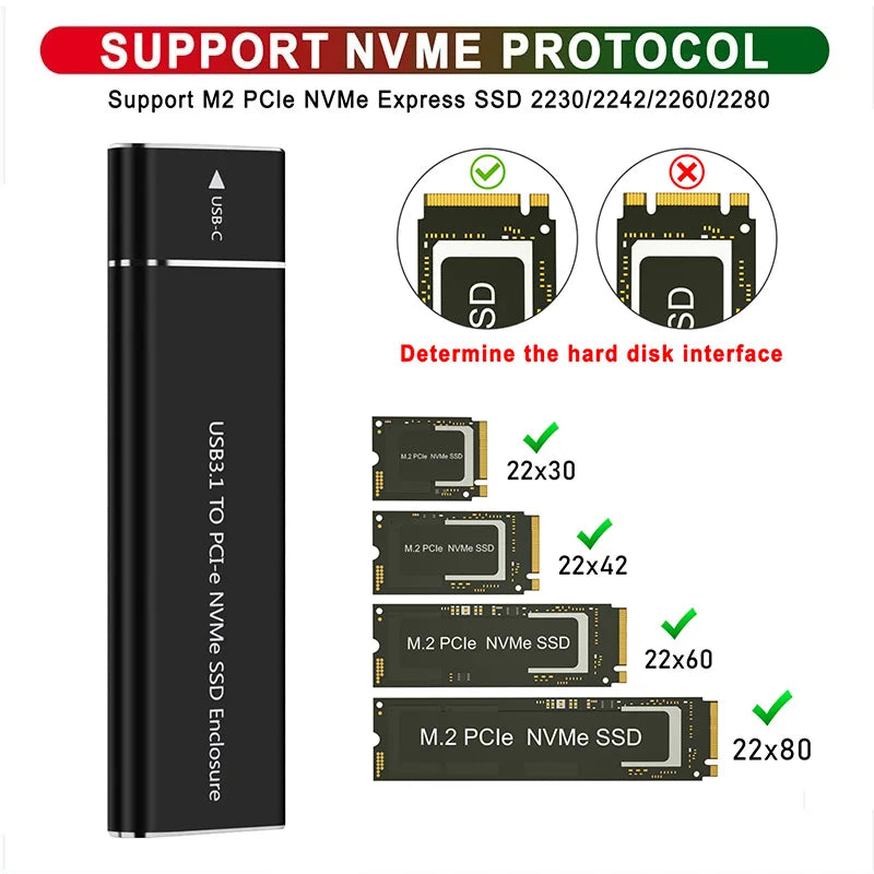 Samget M.2 NVME Solid State Drive External Enclosure 2230/2242/2260/2280 M.2 to USB C Case 10Gbps Type A + Type C For M/M+B Key