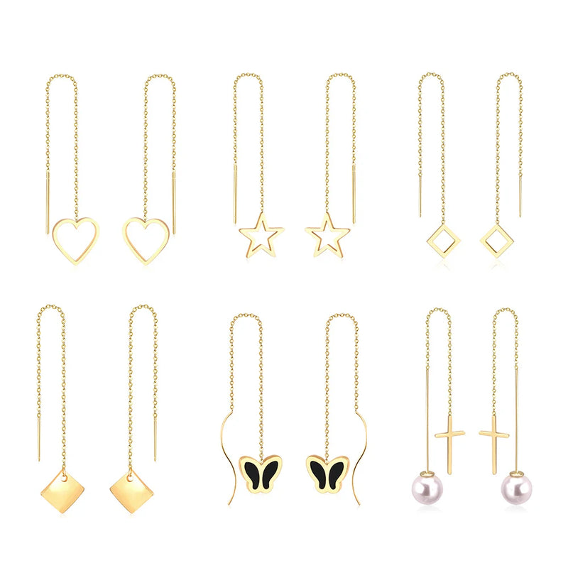 LUXUSTEEL Simple Tassel Linear Chain Long Drop Earrings Women Geometric Star Heart Hanging Ear Line Japan Korean Jewelry 2023