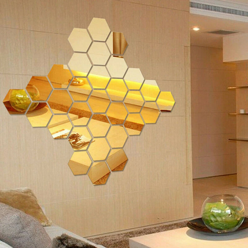 24Pcs Gold 3D Mirror Hexagon Wall Stickers Removable Decal Mural DIY Decorative Mirror Paste Living Room Decals Home Decoration