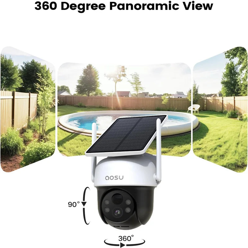 AOSU 3MP 100% Wire-Free Solar WiFi Camera 5000mAh Battery Two-way Audio Security Camera Wireless Solar Panel PTZ CCTV Camera
