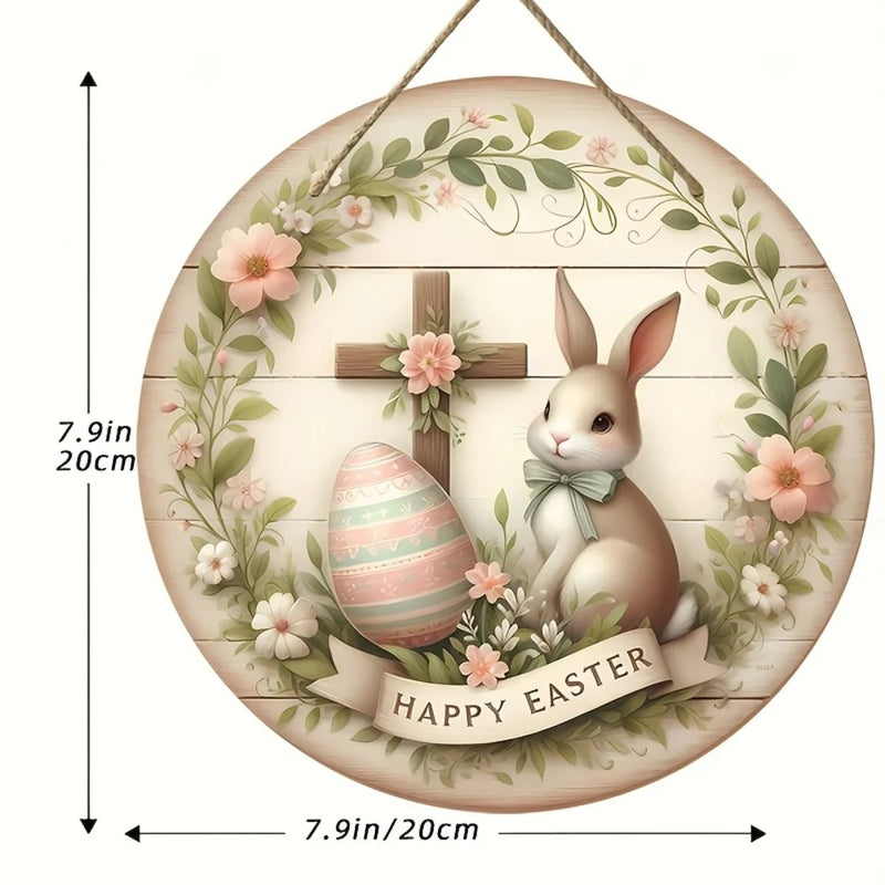 1 piece farmhouse style round wooden Easter bunny logo, 7.87 inch made wooden wreath with lilies and spring decoration, farmhous