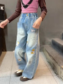 Mädchen Jeans Frühling Herbst Cartoon Weite Beine Jeans für Teenager Kinder Schwere Stickerei Stern Loose Straight Leg Hose für Kinder