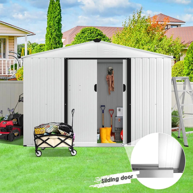 6X8 Ft Outdoor Storage Shed, Metal Shed Kit With Double Doorknobs And Air Vents, Double Sloping Roof Garden Shed, Galvanized