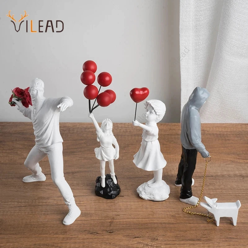 Vilead Banksy Sculpture Collection Flower Thrower Statue Pop Art Modern Balloon Girl Figurine Office Home Decoration Street