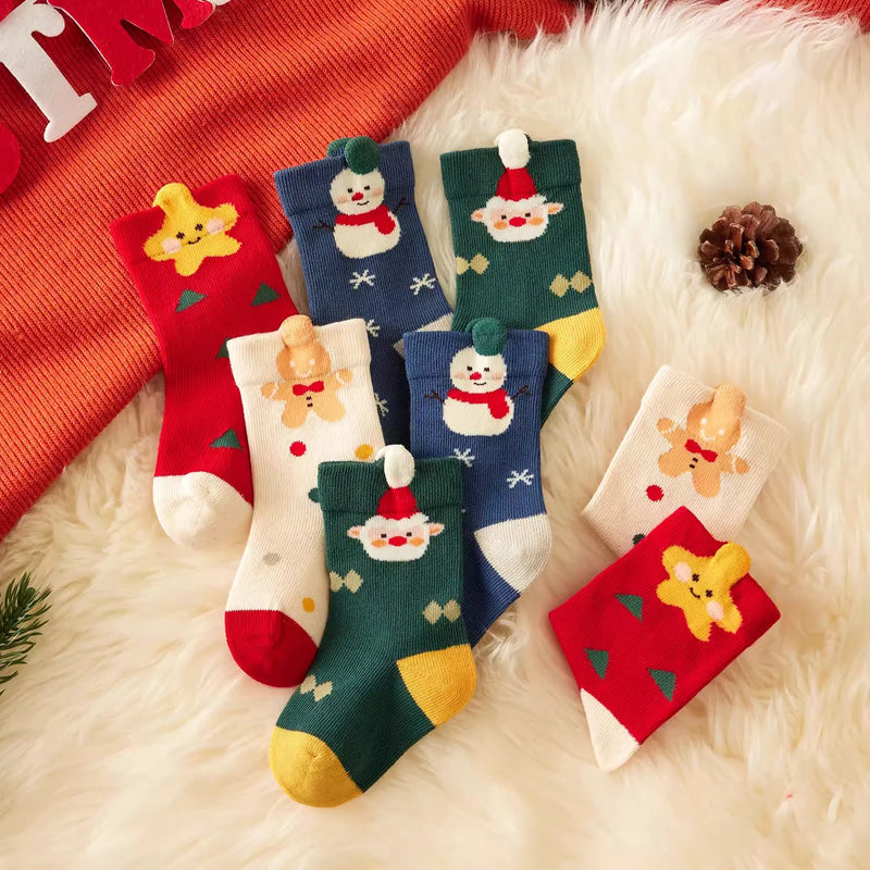 4Pairs 1-8YearsJunior In tube Sock Cartoon Reindeer Christmas Gifts Joyful Red Soft and Comfortable High Elasticity Sock Breatha