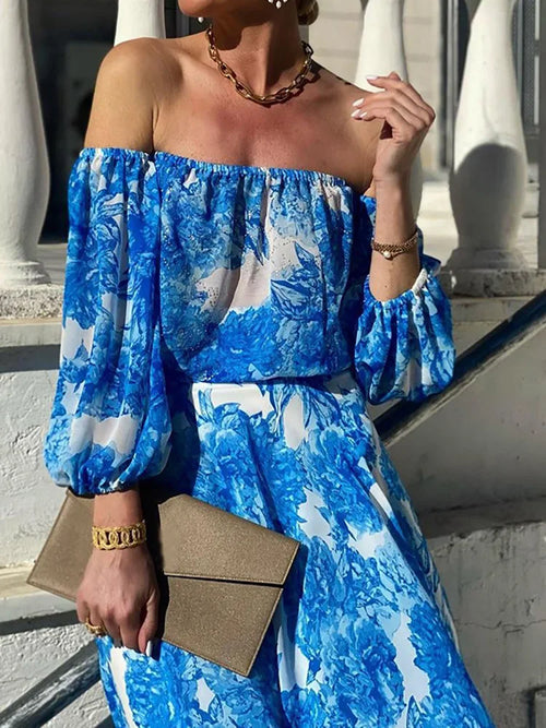 Elegantes Partykleid mit Dreiviertel-Laternenärmeln, Maxikleid für Damen mit U-Boot-Ausschnitt für Frühling und Sommer, neues Damenkleid mit Druck und Patchwork