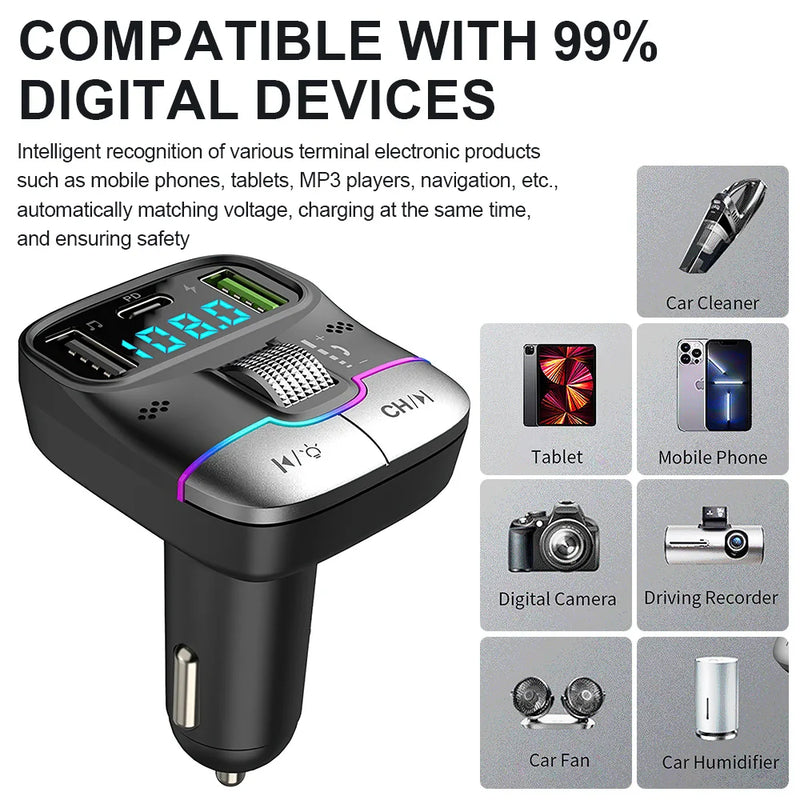Bluetooth 5.3 Fm Transmitter Wireless Dual USB PD Adapter MP3 Player 3.1A Fast Charger Car Accessories