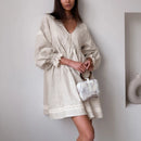 Women'S French Loose Dress Temperament Commuting V Neck Dress Lace Long Sleeve Loose Fitting Dresses Button Female Dress