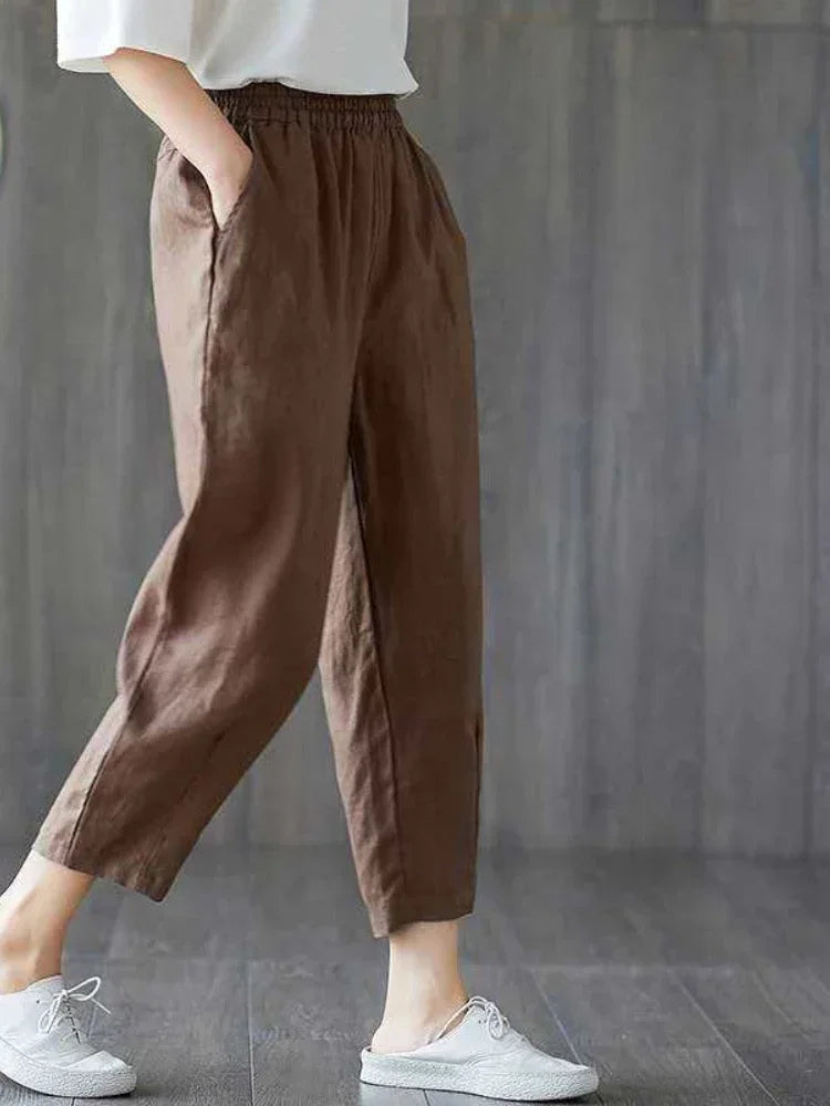 Women Cotton Cropped Pants Casual Summer Loose Elastic Waist Elegant Korean Fashion Baggy Solide Vintage Trousers Streetwear