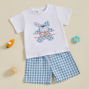 Toddler Boy Easter Outfit Adorable Bunny Print Shirt with Checkered Shorts Set for Spring Celebration
