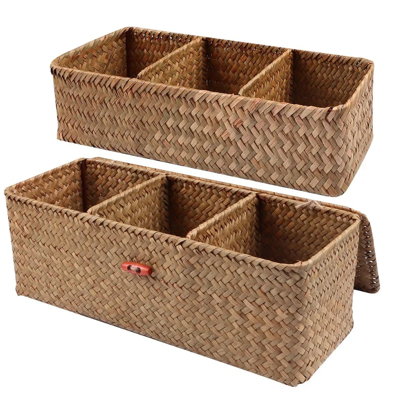 Hand Woven Storage Baskets with Lid Dust Clothing Basket Storage Box Rectangular Wardrobe Container Sundries Organizer 3 grids