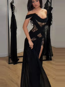 Elegant Lace Patchwork Slit Strapless Dress Sexy Off-shoulder High Waist Long Skirt New Trendy Party Y2k Robe Gothic Style Gown