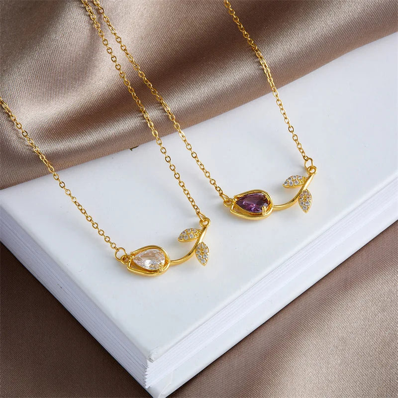 Sweet Colorful Zircon Tulip Pendant Necklaces for Women Girls Stainless Steel Trendy Romantic Jewelry Accessories Gifts