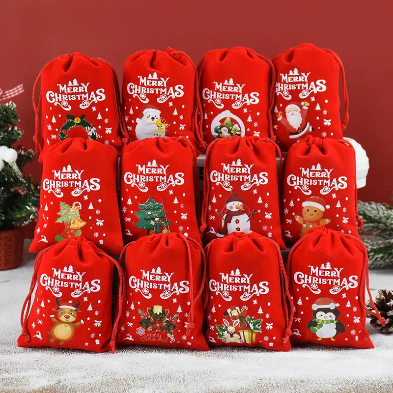 5pcs Red Christmas Velvet Bags Advent Calendar Drawstring Pouch Candy Snack Gift Bag Xmas Jewelry Packing Storage Bags New Year