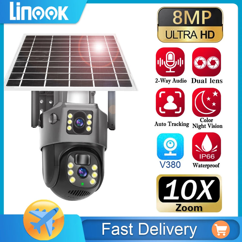 Linook V380， Wireless 4G SIM card outdoor solar camera waterproof 360 dual lens 4K, CCTV security protection IP camera,