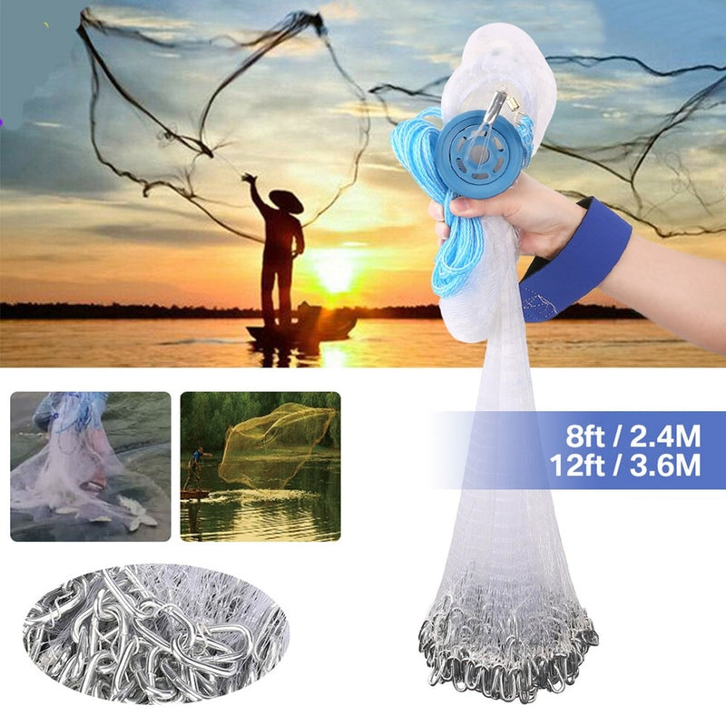 American Saltwater Fishing Cast Net 4ft/6ft/8ft Radius with Heavy Duty Zinc Sinker &amp; Aluminum Disc For Bait Fish
