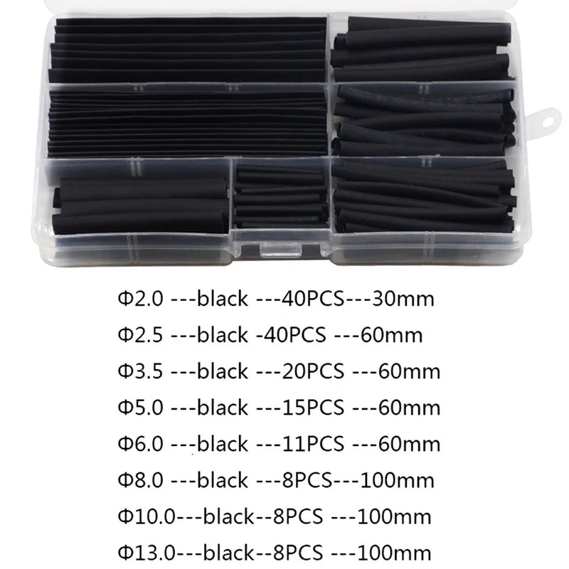 150pcs/Box 2:1 Polyolefin Heat Shrink Tubing Tube Sleeving Wire Electrical Insulation Cable Kit 8 Sizes 2-13mm Black