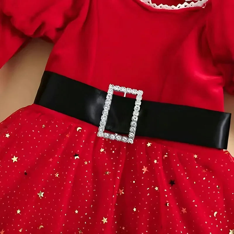 Christmas Children's Clothes 1-5Y Girls Long sleeve Dresses Stars Sequin Mesh Princess Dress with Bow Headband Festival Costume