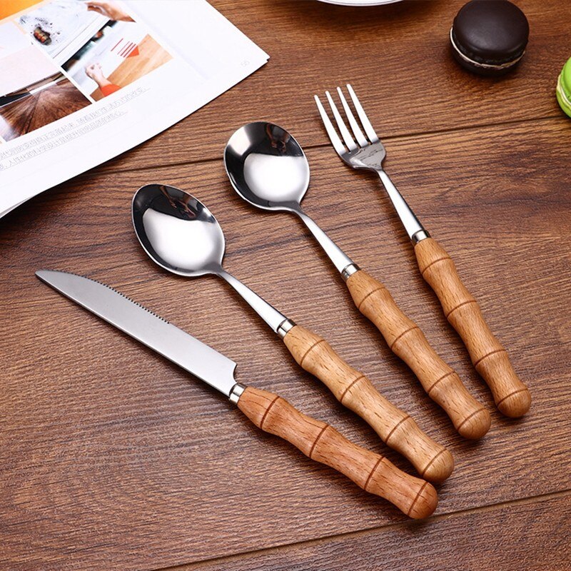 4pcs/24pcs Cutlery Set Stainless Steel Wooden Handle Utensils For Kitchen Fork Spoons Knives Dinner Set Tableware Sets Wholesale