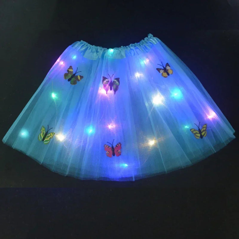 Princess Girl Butterfly Light Fairy Tutu LED Skirt Glow Flower Headband Birthday Gift Fancy Party Christmas Halloween Festival