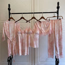 Print Women Satin Pajamas Suit Summer V-Neck Kimono Robe Gown Set With Cheast Pads Nightwear Sexy Lounge Wear Sleepwear