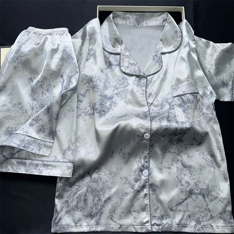 2 Pieces Print Sleepwear Faux Silk Satin Nightwear Pyjamas Fashion Casual Pajama Women Shorts Pajamas Set Ink Painting Outfits