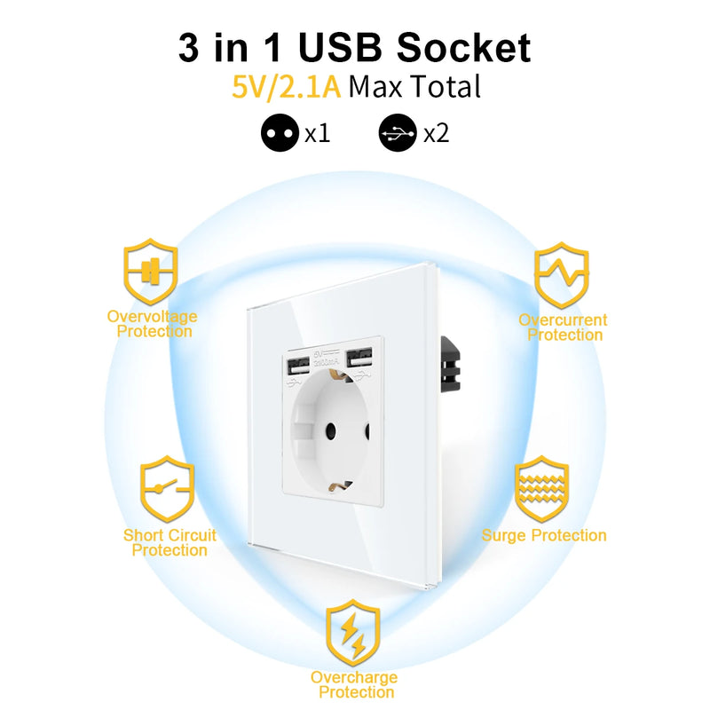 Bingoelec EU Power Socket with USB for Home Dual Usb Plug Double French Electrical Outlet 16A Crystal Glass Panel Wall Socket