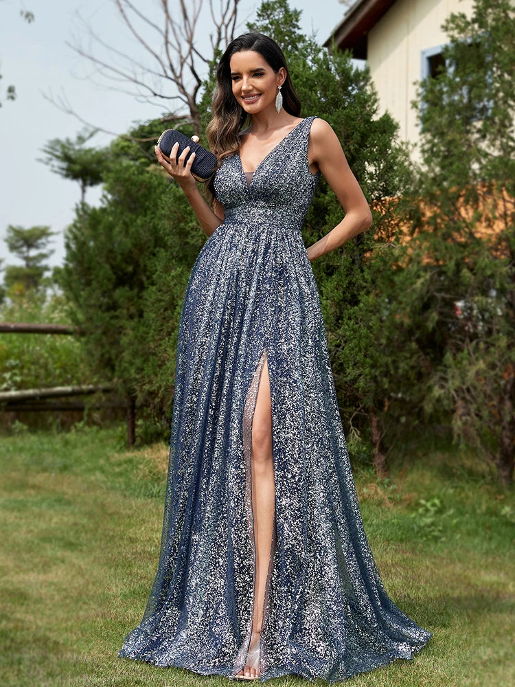 Lucyinlove Luxury V-neck Sequins Evening Dress For Long Elegant Women Mermaid Party Mermaid Prom 2024 Split Cocktail Dress