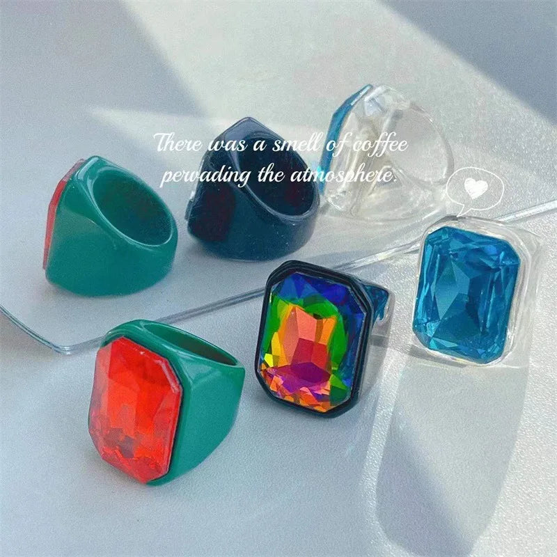 New Charm Transparent Resin Acrylic Rhinestone Cubic Zirconia Geometric Square Big Finger Rings For Women Luxury Jewelry Gifts