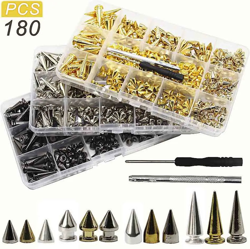 180/80 Sets Punk Rivet Screw Back Studs and Spikes Kit with Tools Leather Craft Bullet Cone DIY for Leather collar Bracelet