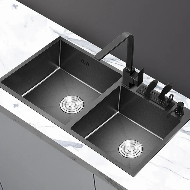 Large Black Washing Basin 304 Stainless Steel Kitchen Sink with Knife Holder Vegetable Double Bowel  With Faucet Thickened