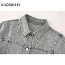 KADUWAKI Chic Able Faux Pearl Embellished Women's Short Denim Jacket 2-piece Set Retro Women's Elegant Zipper A-Line Mini Skirt